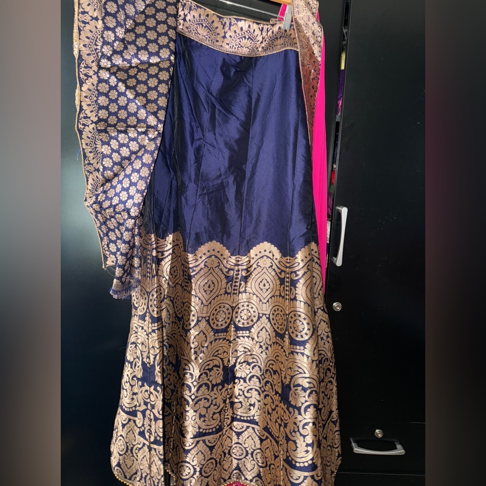 Elegant Blue and Gold Patterned Lengha fabric